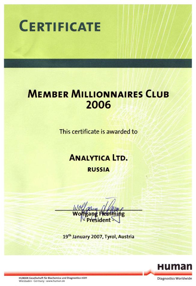 Certificate HUMAN Member Millionnaires Club 2006